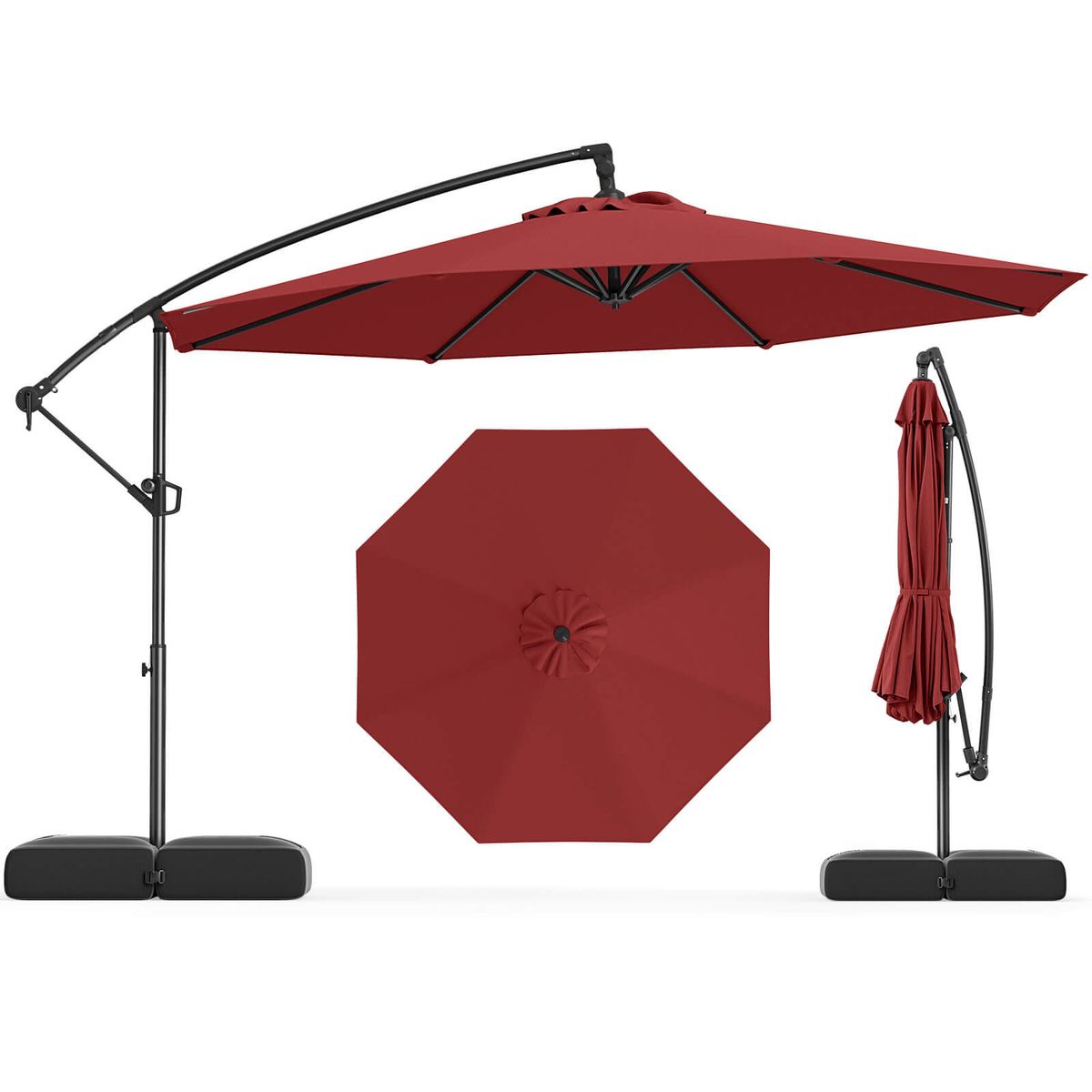 10-foot Offset Hanging Umbrella with Base (With or Without Lights) - Hanging Umbrella-Red, No Lights