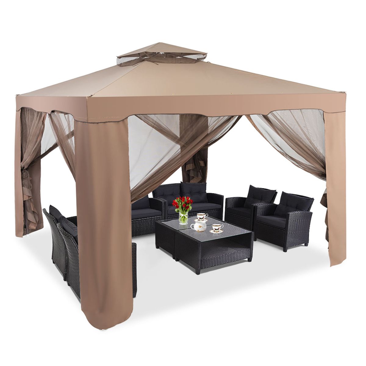 2-Tier 10’x 10’ Canopy Gazebo Tent with Netting - Canopy-Coffee