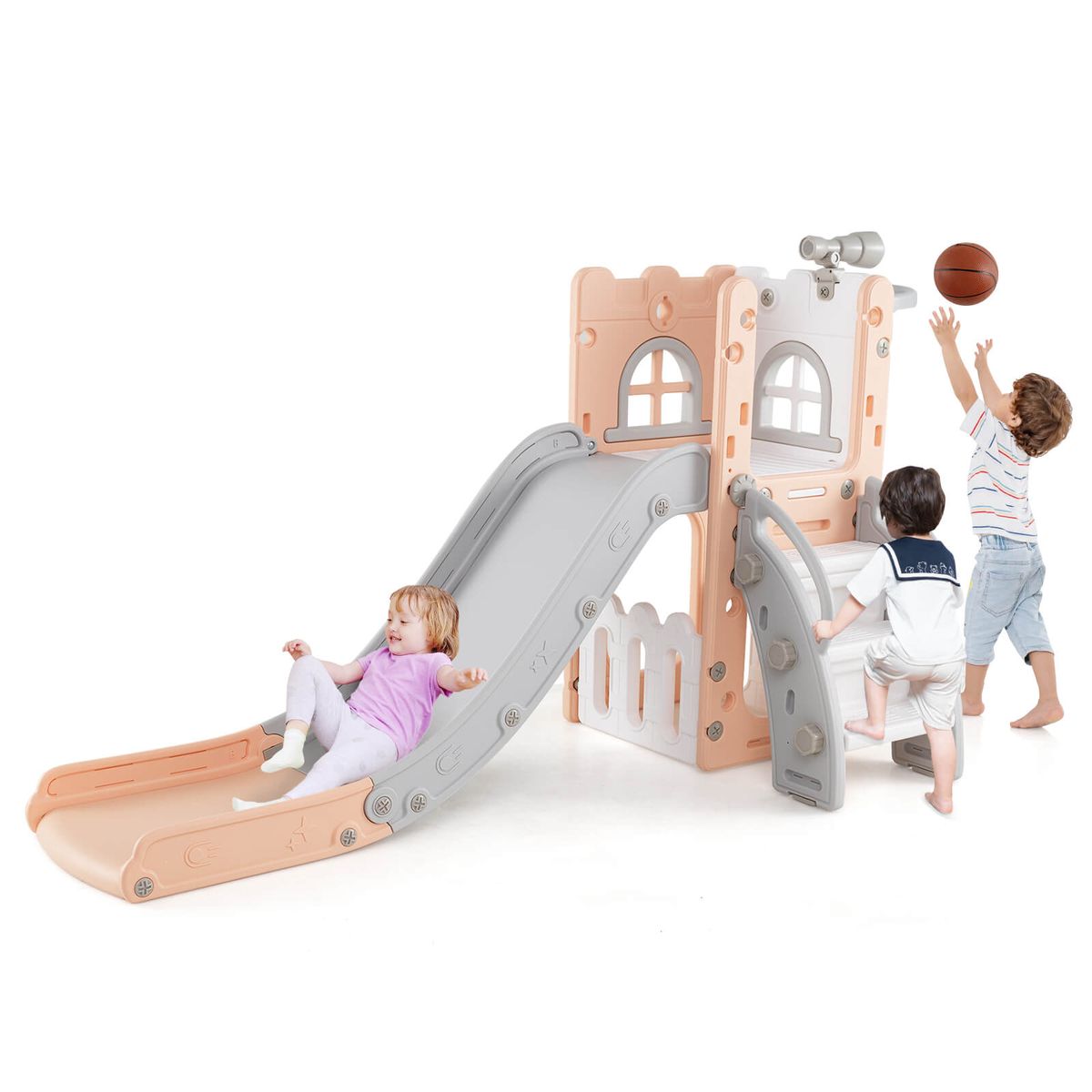 Photos - Slide Costway 6-in-1 L-Shaped Toddler - Gray + Pink HCST09579