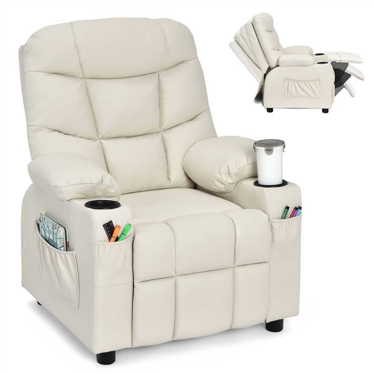 Photos - Sofa Costway PU Leather Kids Recliner Chair with Cup Holders - Recliner Chair BEIGE HW66955SA
