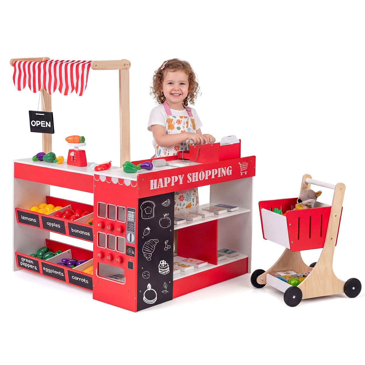 Kids Grocery Store Playset with Play Food and Cart - Red + White