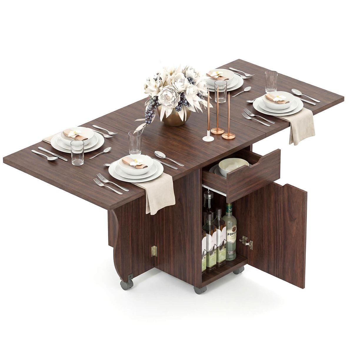 Foldable Rolling Dining Table with Drawers and Cabinets - Walnut