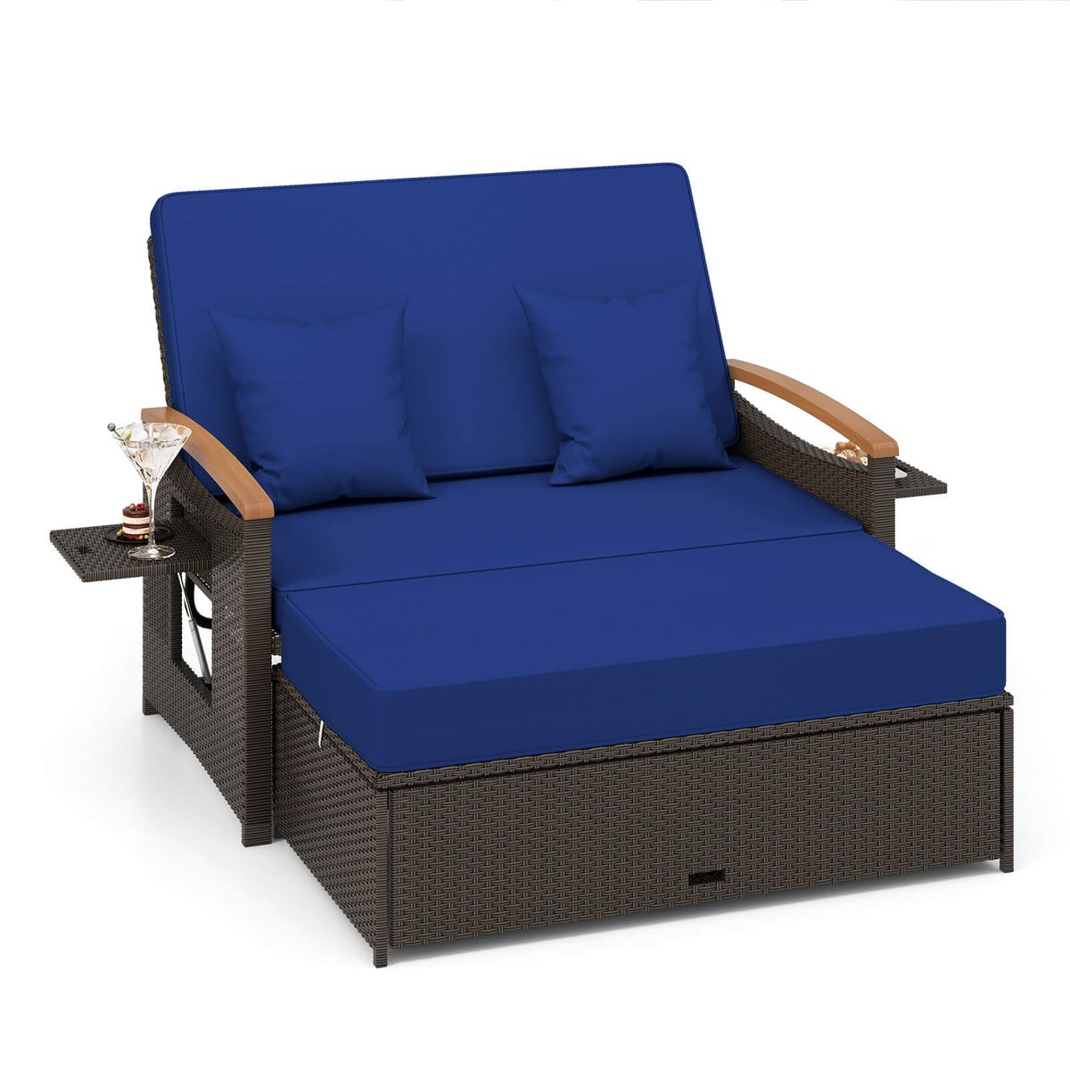 Patio Rattan Daybed Set with 4-Level Adjustment - Navy + Mix Brown