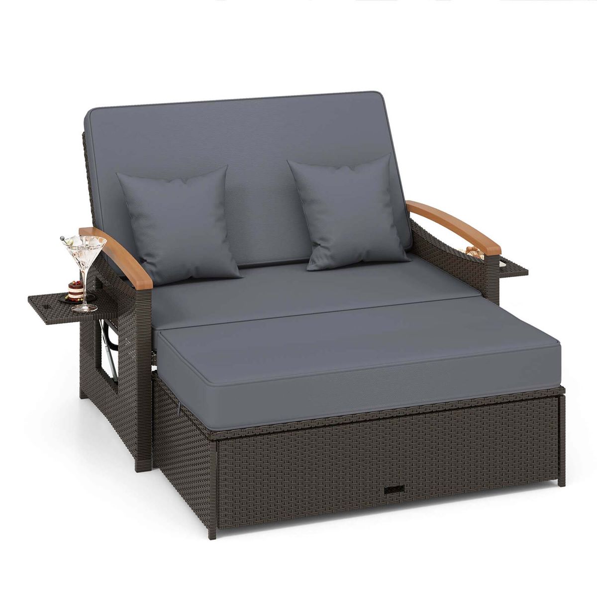 Photos - Garden Furniture Costway Patio Rattan Daybed Set with 4-Level Adjustment - Gray + Mix Brown HCST03680 