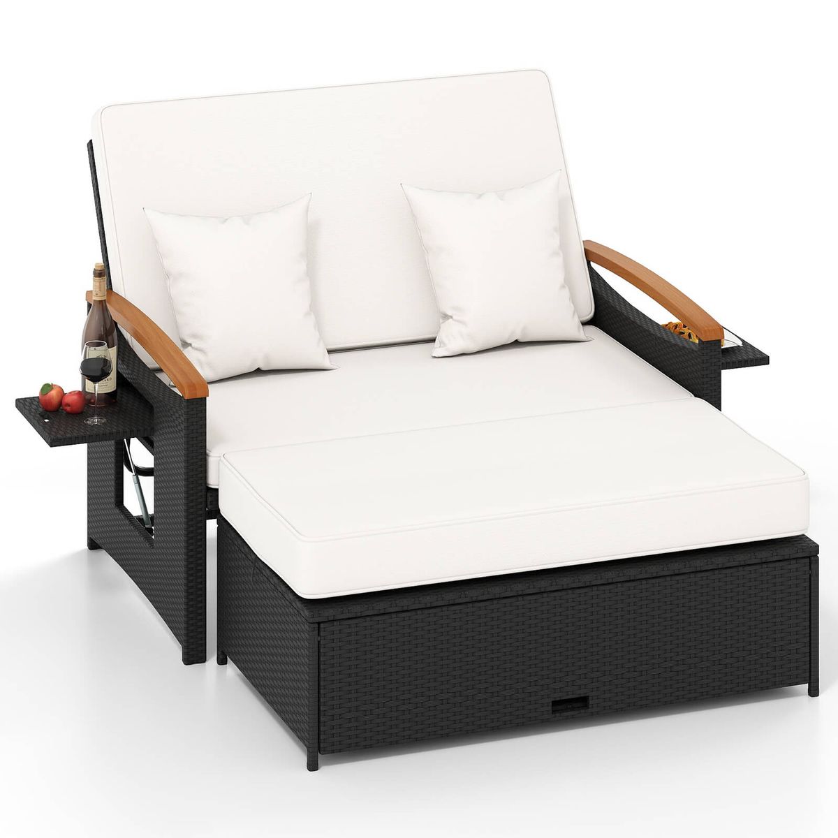 Patio Rattan Daybed Set with 4-Level Adjustment - White + Black