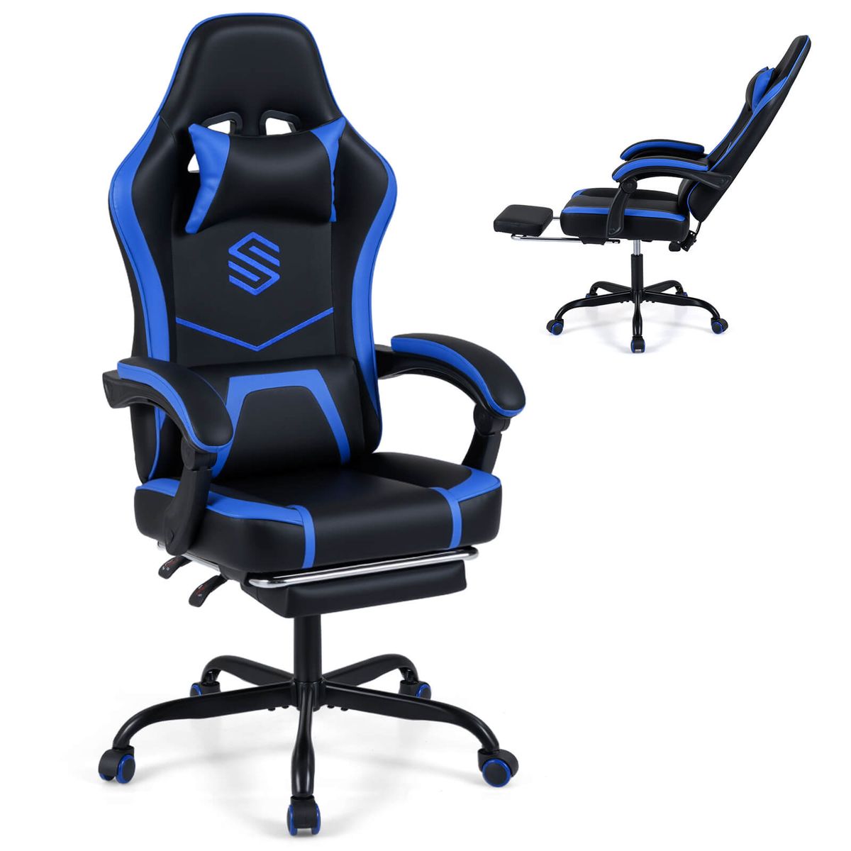 Rolling Gaming Chair with Heavy-Duty 5-Claw Metal Base - Blue & Black