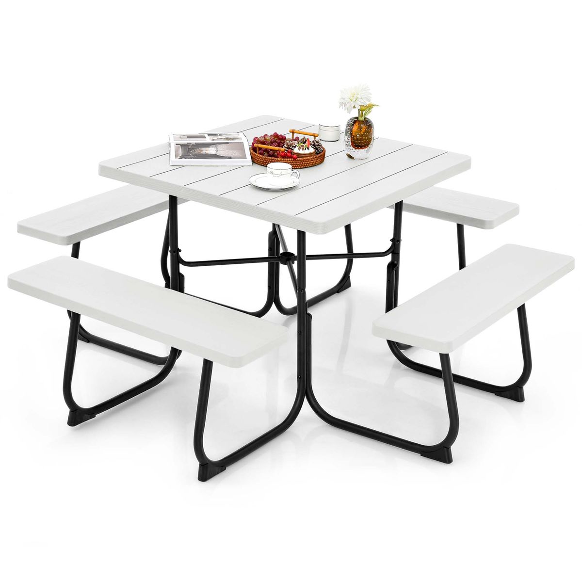 Outdoor Square Picnic Table and Bench Set - White