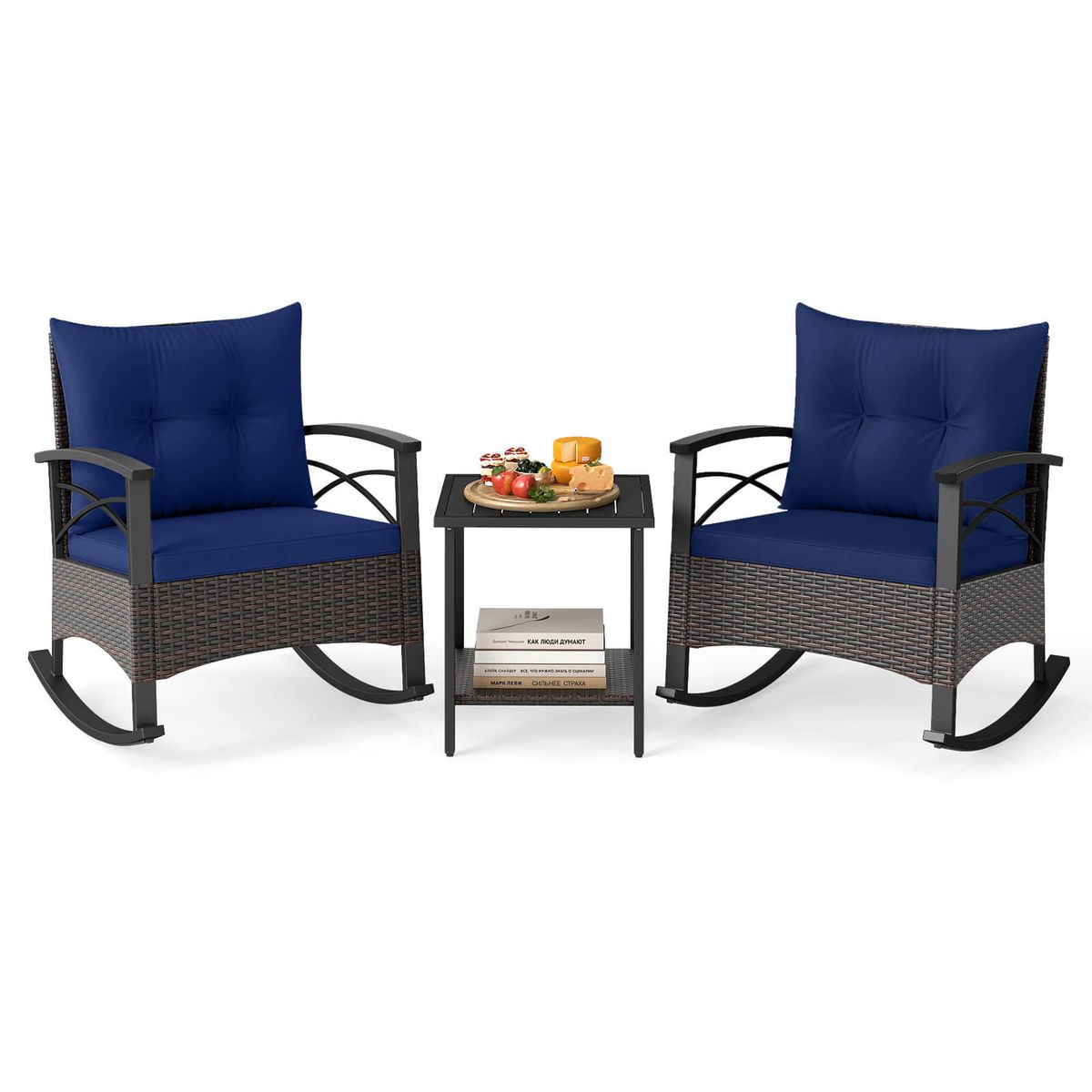 3-Piece Rattan Rocking Chair Set with 2-Tier Side Table - Mix Brown + Navy