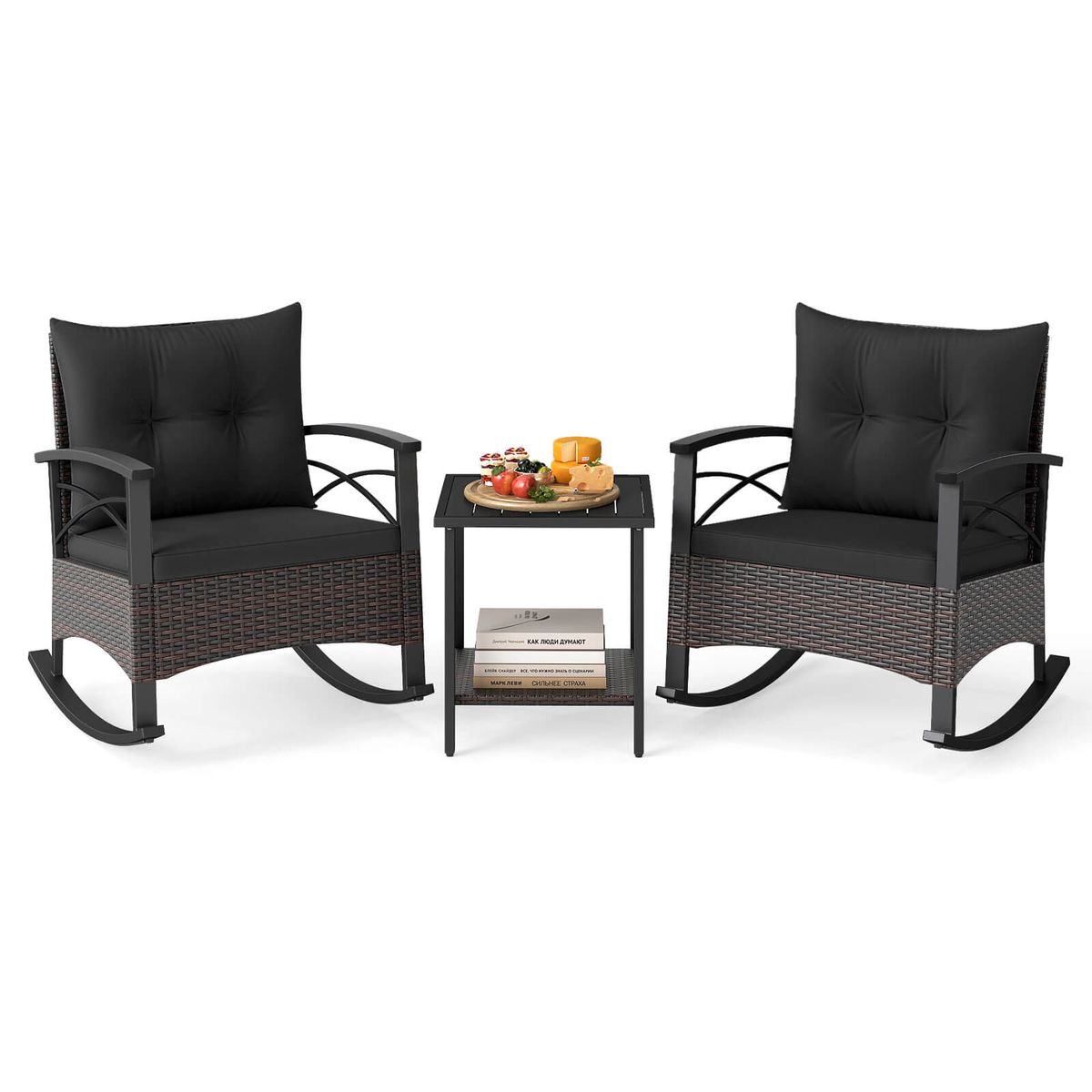 3-Piece Rattan Rocking Chair Set with 2-Tier Side Table - Black + Black