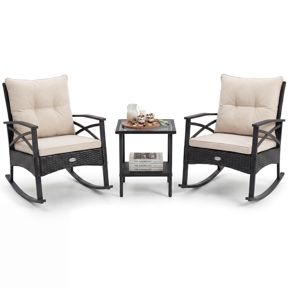 3-Piece Rattan Rocking Chair Set with 2-Tier Side Table - Black + Off-White