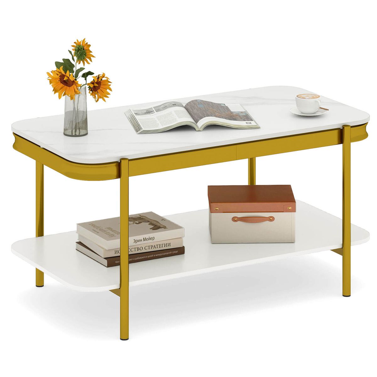 2-Tier Center Table with Shelves - White + Gold