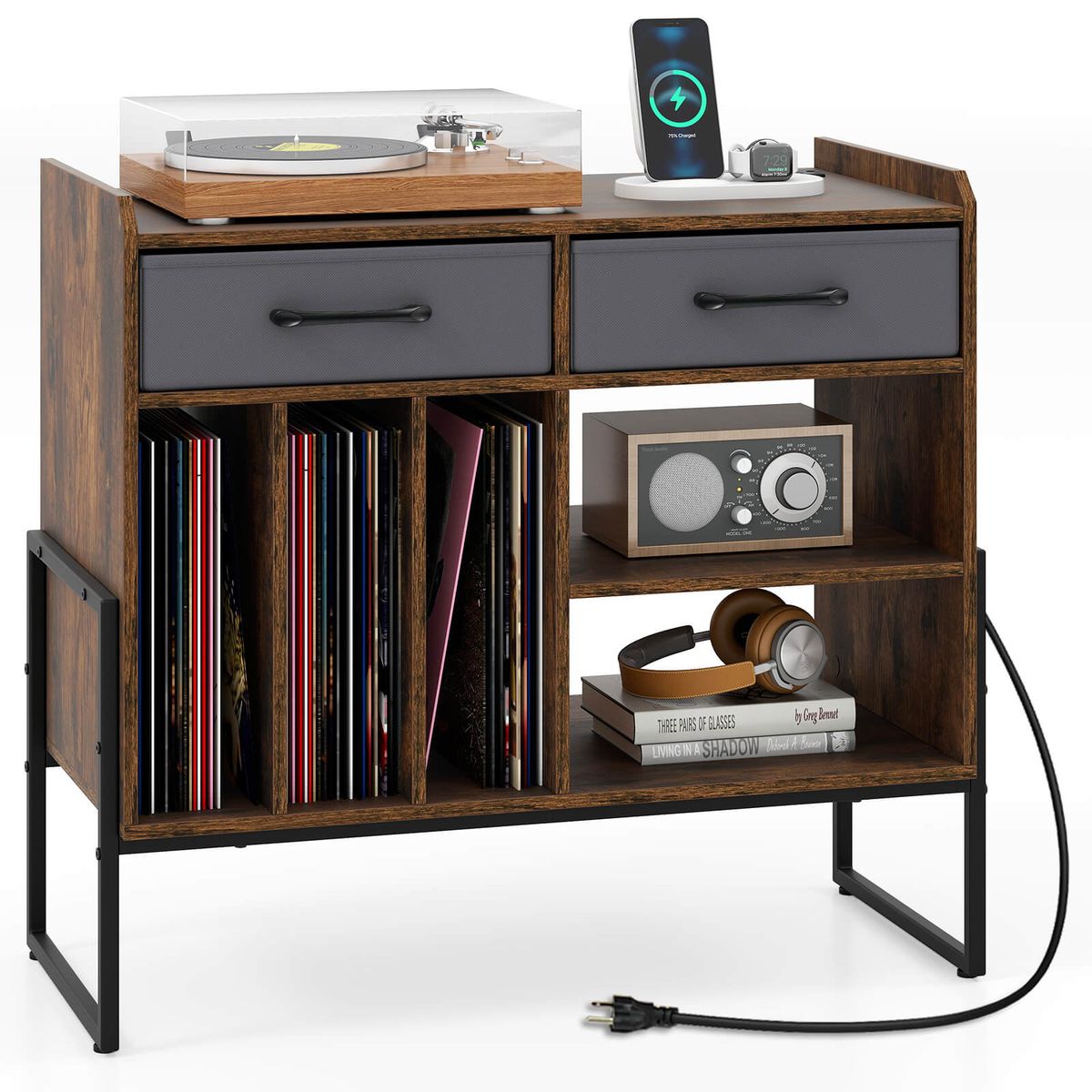 Adjustable Record Player Stand with Charging Station - Brown & Gray