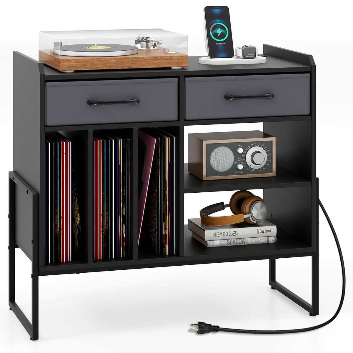 Adjustable Record Player Stand with Charging Station  - Black-image-SKU18992076