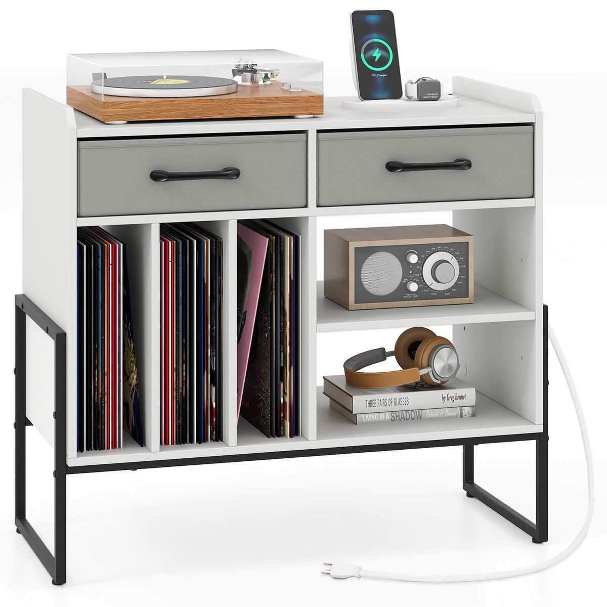 Adjustable Record Player Stand with Charging Station - White