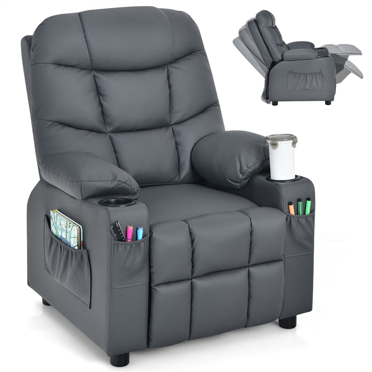 PU Leather Kids Recliner Chair with Cup Holders  Recliner Chair GREY