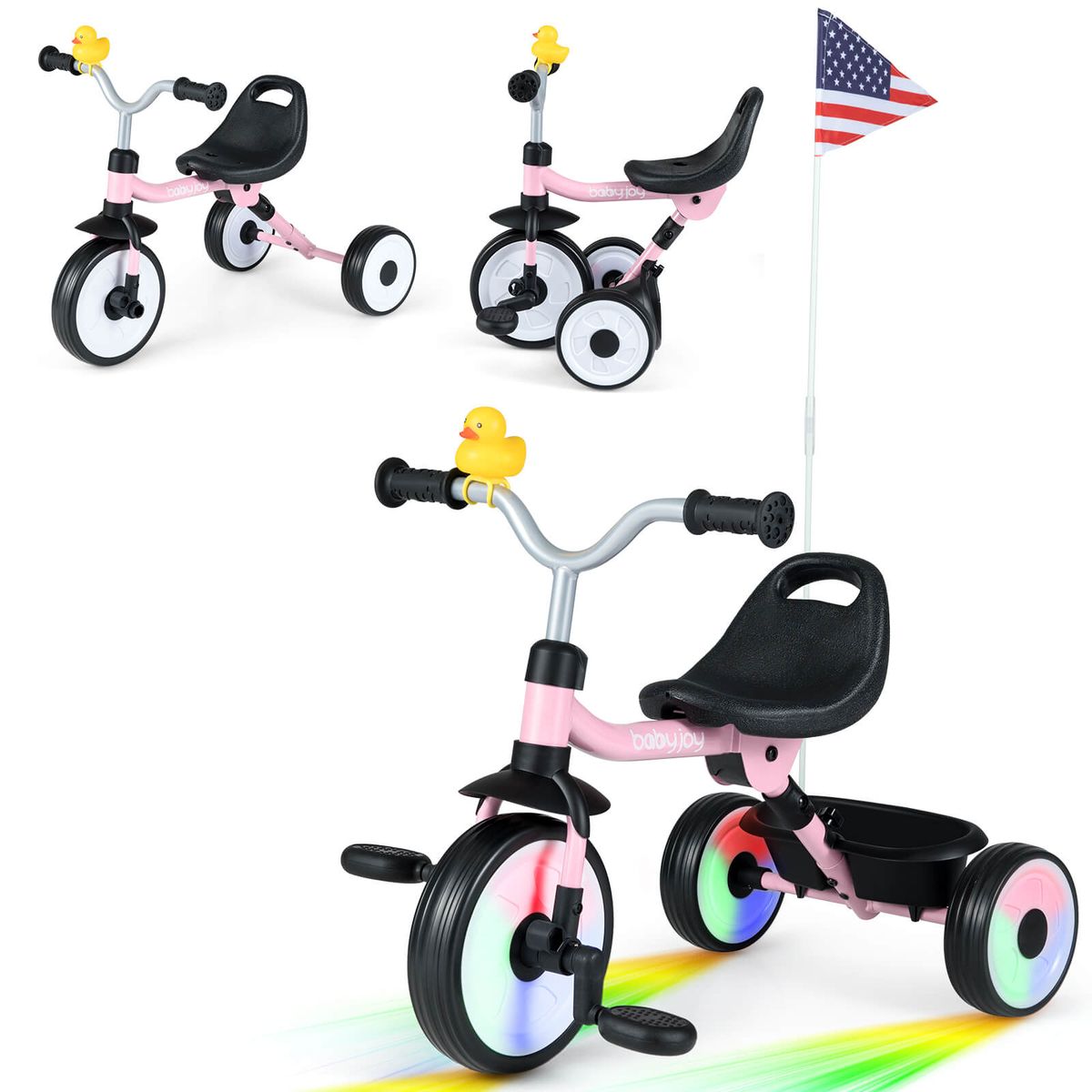 Costway 3 in 1 Kids Tricycle with Lighted Wheels Folding Toddler Trike and Adjustable Seat Ride On Tricycle Ages 1 to 3 Years - Pink