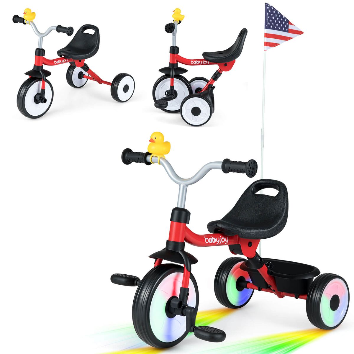 Costway 3 in 1 Kids Tricycle with Lighted Wheels Folding Toddler Trike and Adjustable Seat Ride On Tricycle Ages 1 to 3 Years - Red