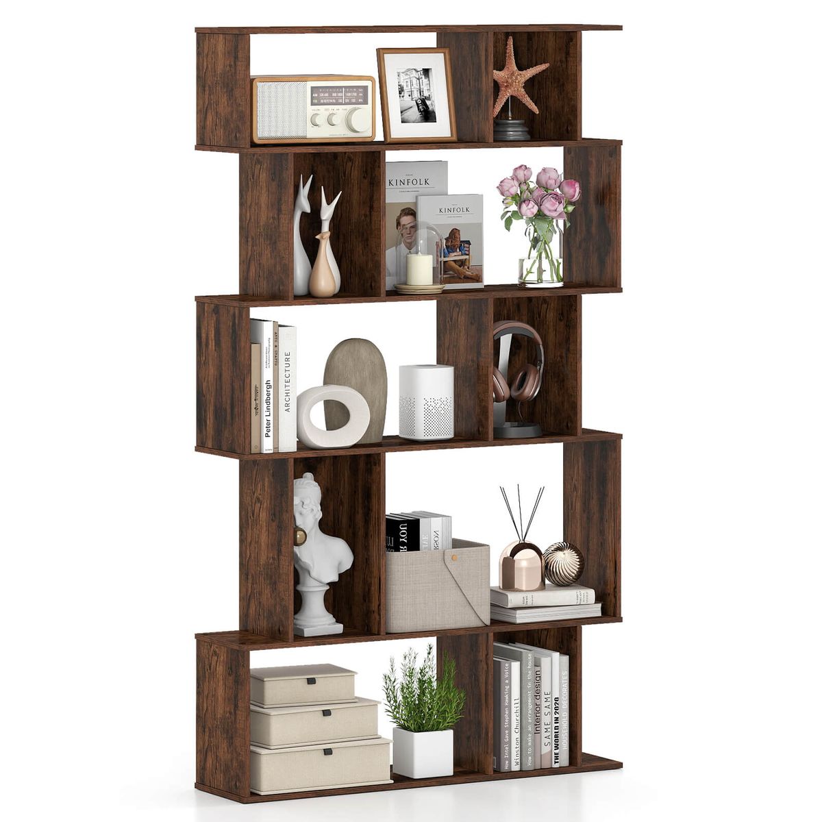 5-Tier Geometric Bookshelf with Open Shelves - Rustic Brown- 2-Piece