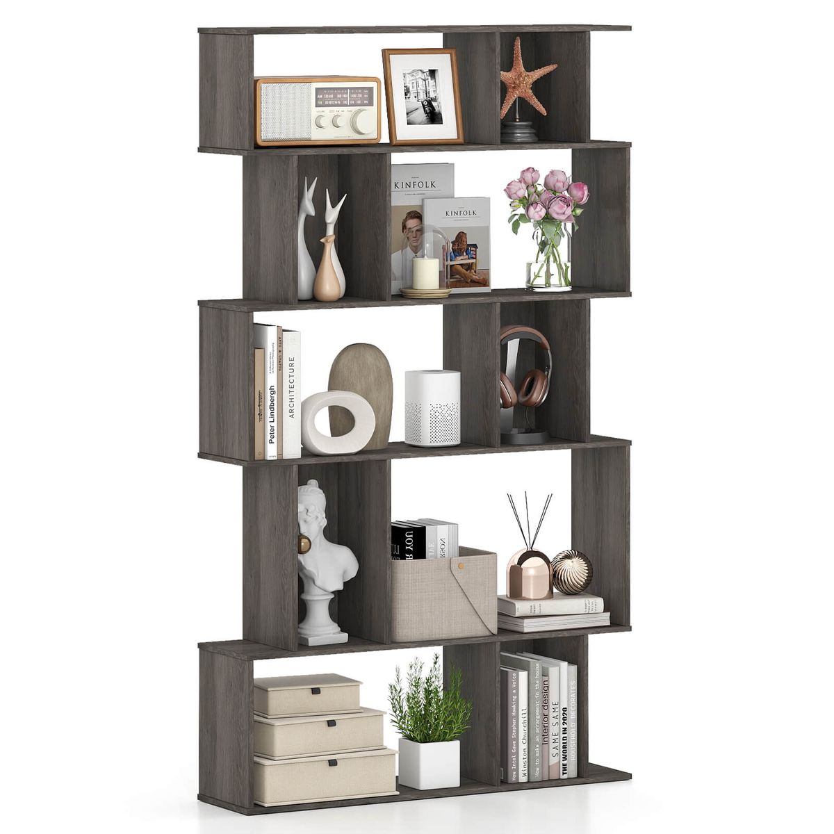 5-Tier Geometric Bookshelf with Open Shelves - Oak-2-Piece