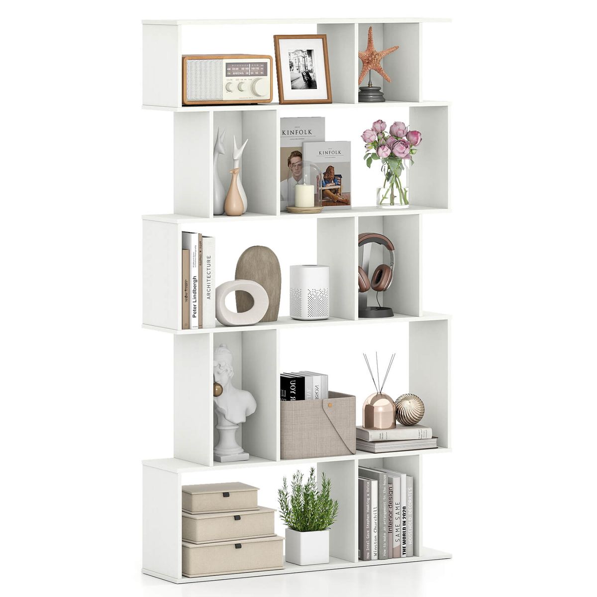 5-Tier Geometric Bookshelf with Open Shelves - White-2-Piece
