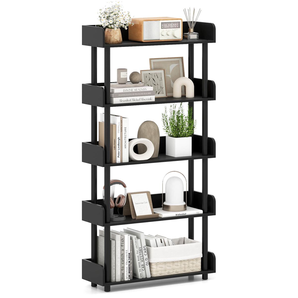5-Tier Bookshelf with Anti-Failing Guardrails - Black-1-Piece