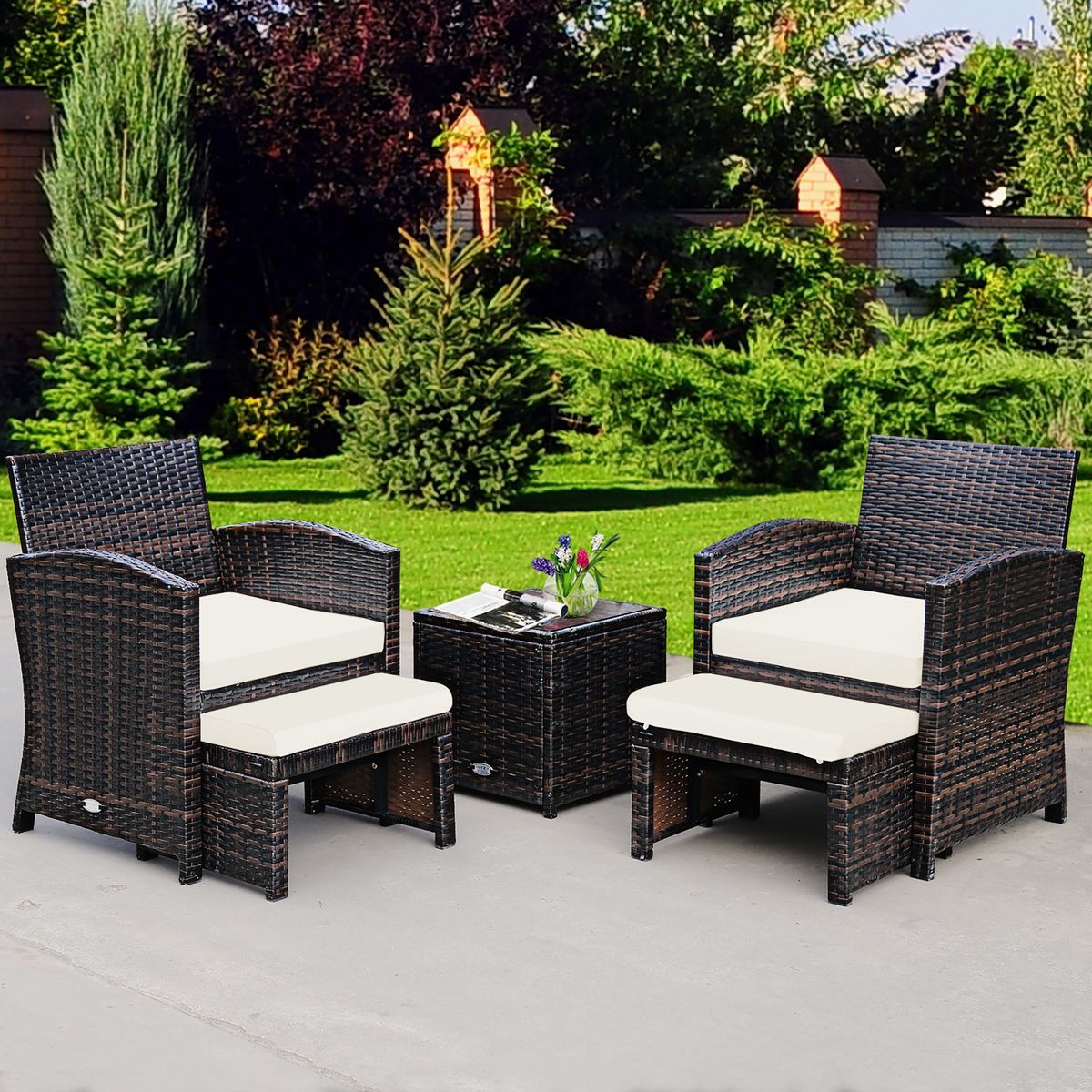 5-Piece Patio Rattan Wicker Furniture Set with Ottoman & Tempered Glass Coffee Table - Costway 5PCS Patio Rattan Wick-White