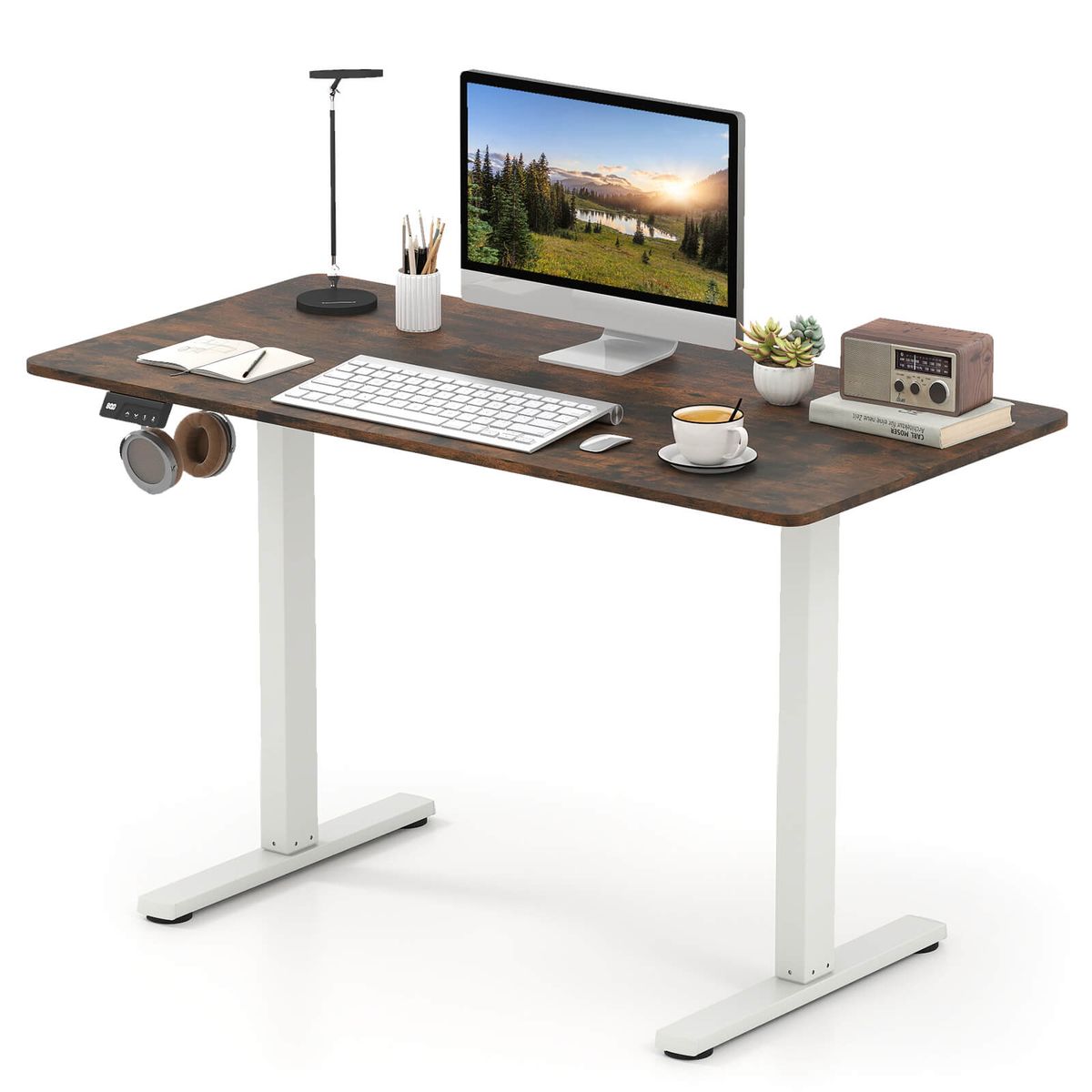 48” x 24” Electric Standing Desk with LED Display and 2 Memory Presets - Rustic Brown+White-image-SKU18561619