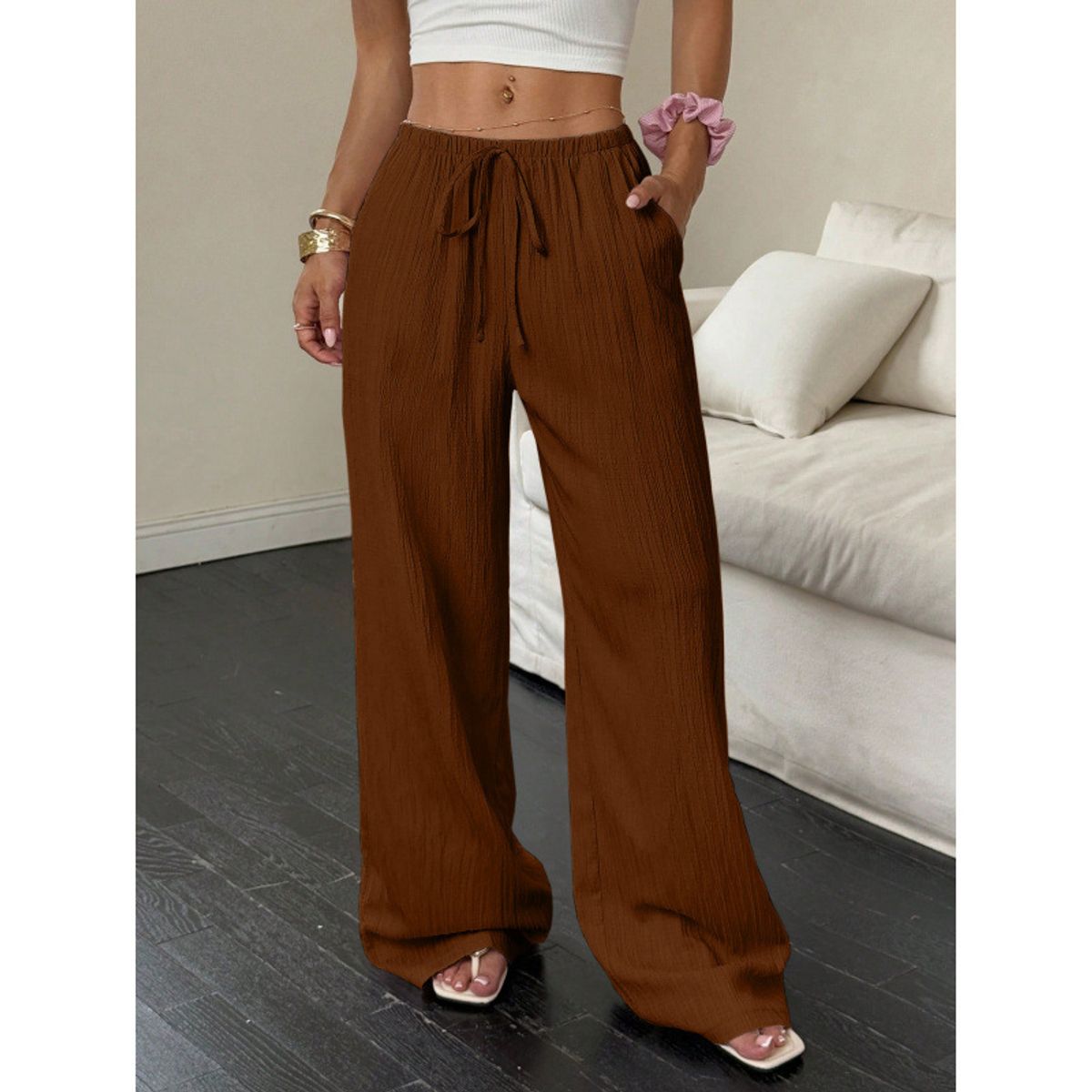 Women's Casual Low Waisted Linen Palazzo Pants - Coffee-L