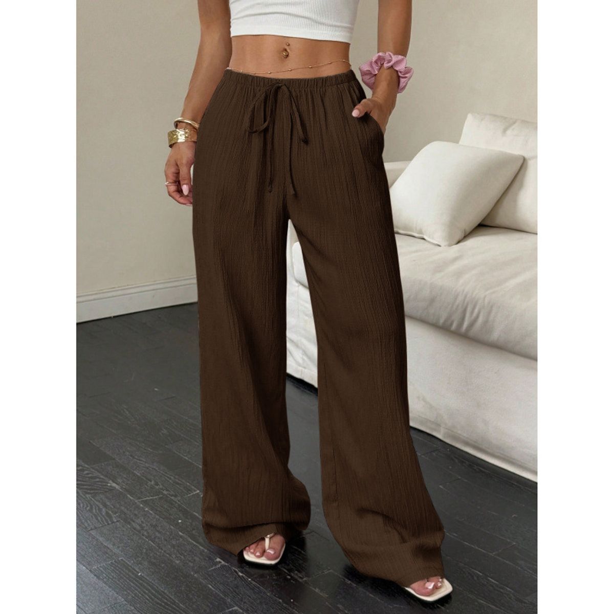Women's Casual Low Waisted Linen Palazzo Pants - Brown-2XL