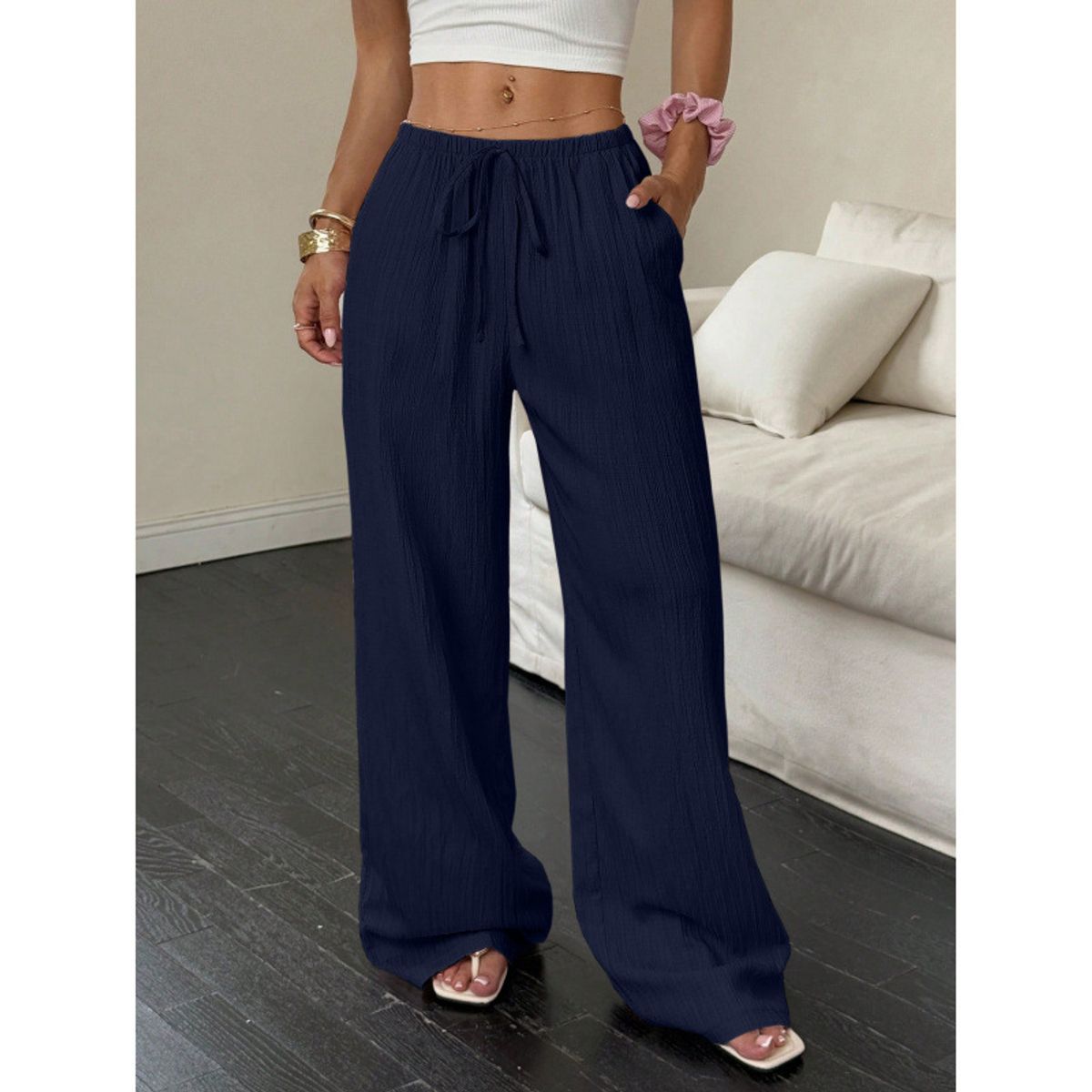 Women's Casual Low Waisted Linen Palazzo Pants - Navy blue-XL