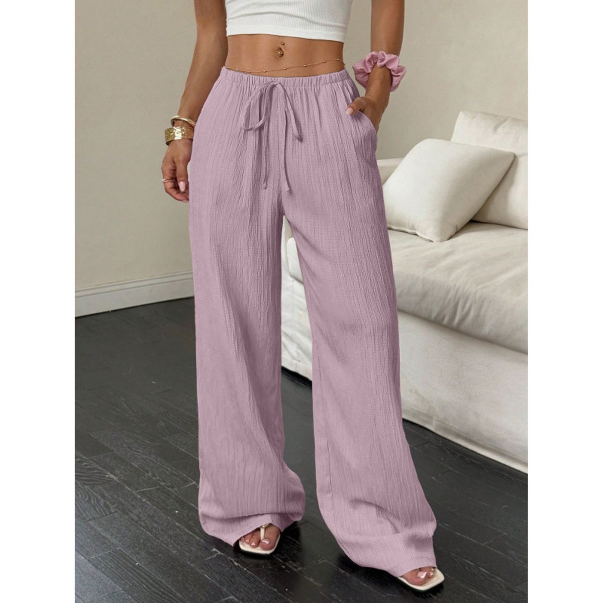 Women's Casual Low Waisted Linen Palazzo Pants - Pink-S