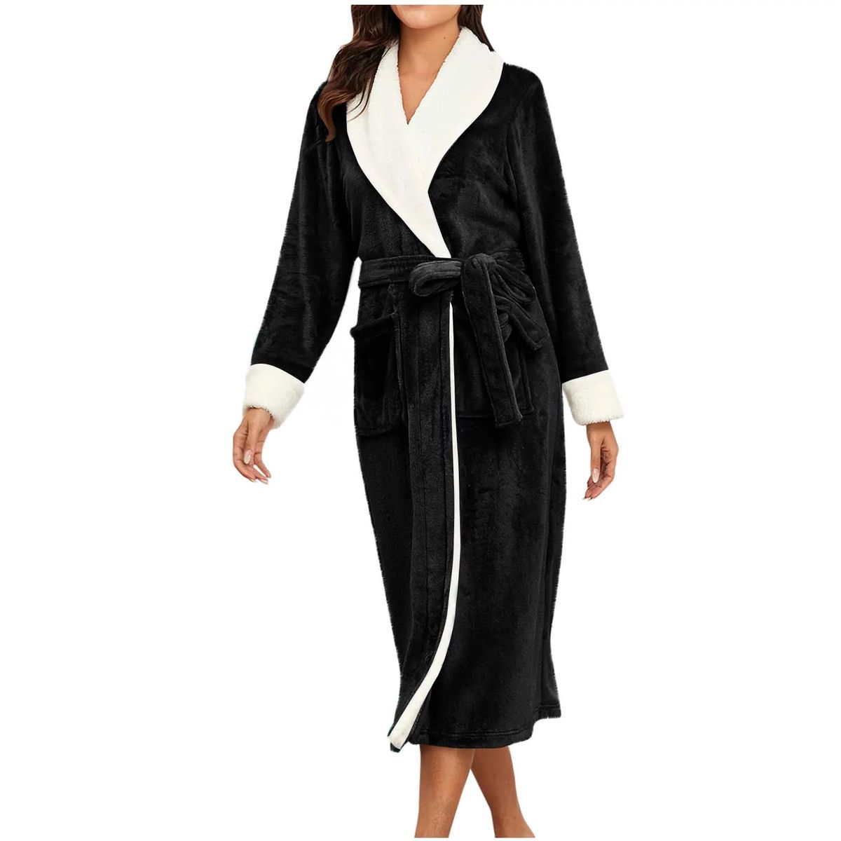 Women's Plush Fleece Bathrobe - Black-L