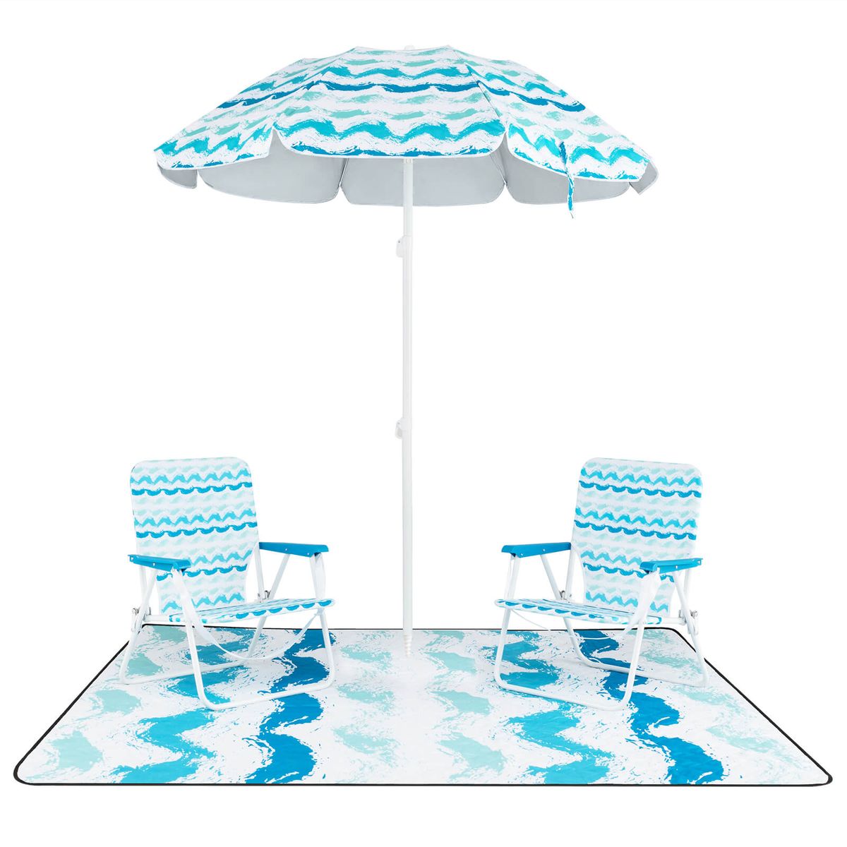 4-Piece Beach Umbrella Set with 2 Chairs and Picnic Blanket - Blue