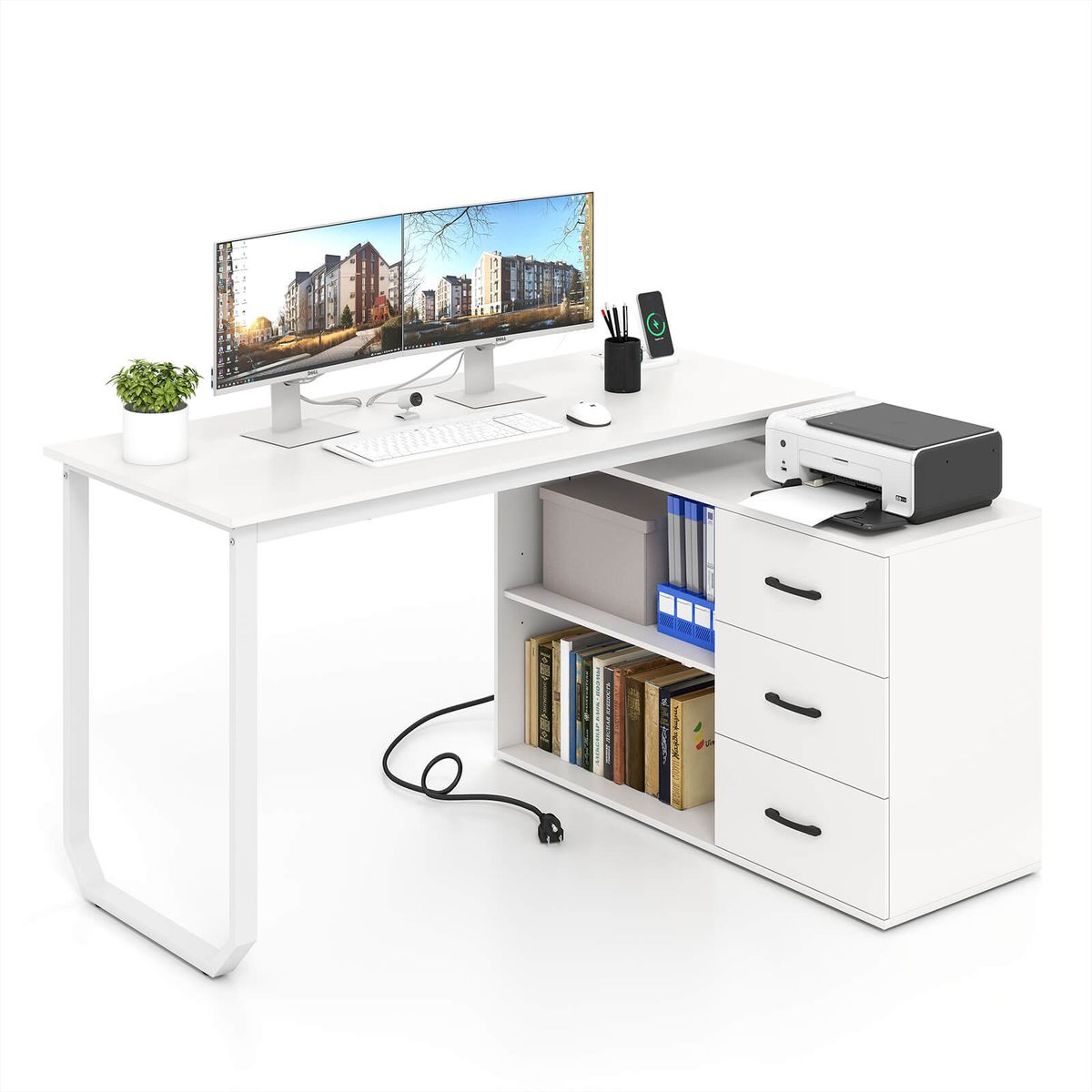 L-Shaped Desk with Power Outlet and Adjustable Shelf - White