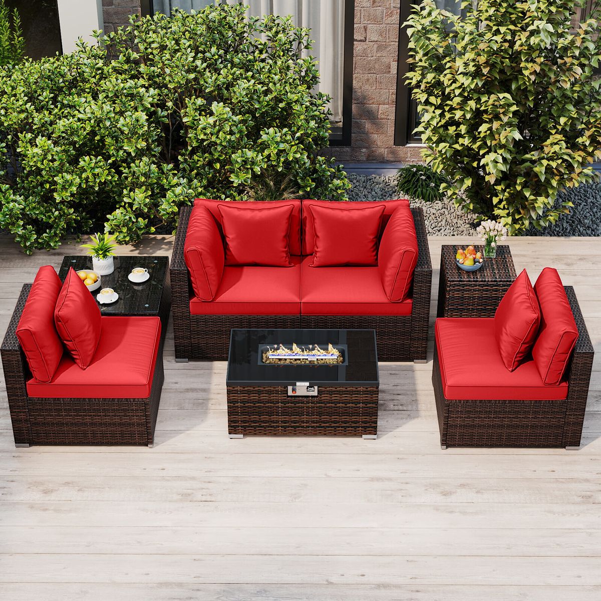 7-Piece Patio Furniture Set with 40,000 BTU Gas Fire Pit Table - Red-image-SKU18398879