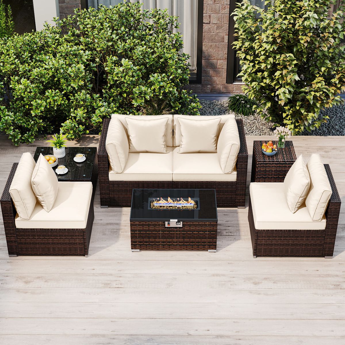 7-Piece Patio Furniture Set with 40,000 BTU Gas Fire Pit Table - Off-White