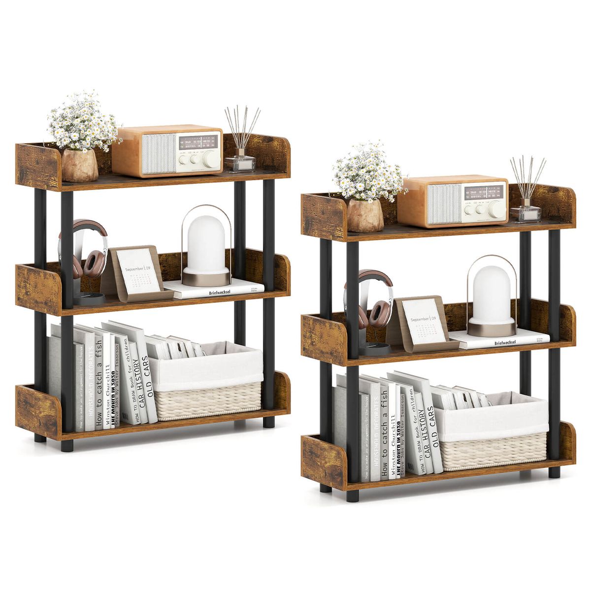 Photos - Wall Shelf Costway 3-Tier Bookshelf with Anti-Tipping Kit and Guardrails - Brown-2-Piece HCST11133 