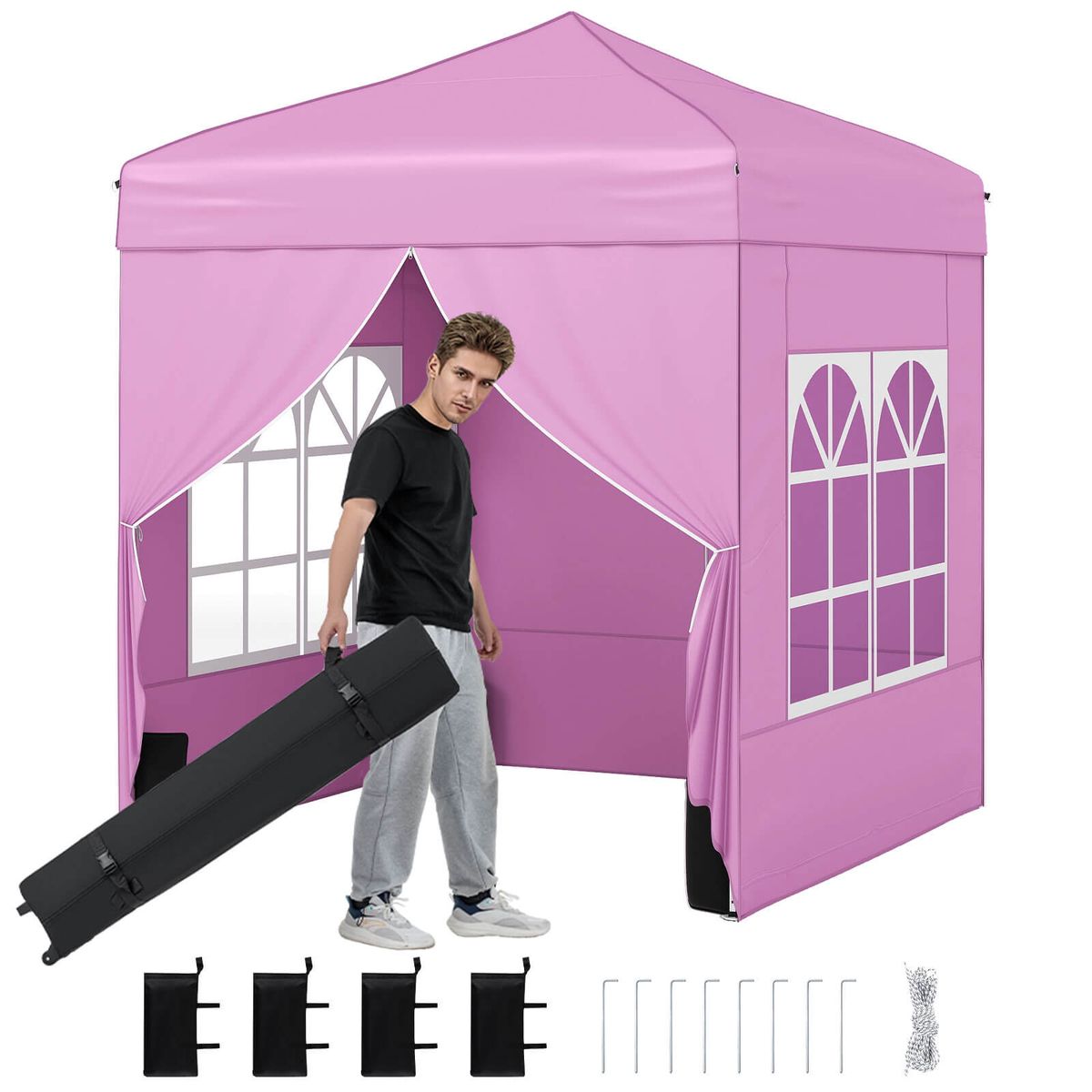 Photos - Tent Costway Pop-Up Canopy with 4 Sidewalls and Wheeled Storage Bag - Pink HCST10964