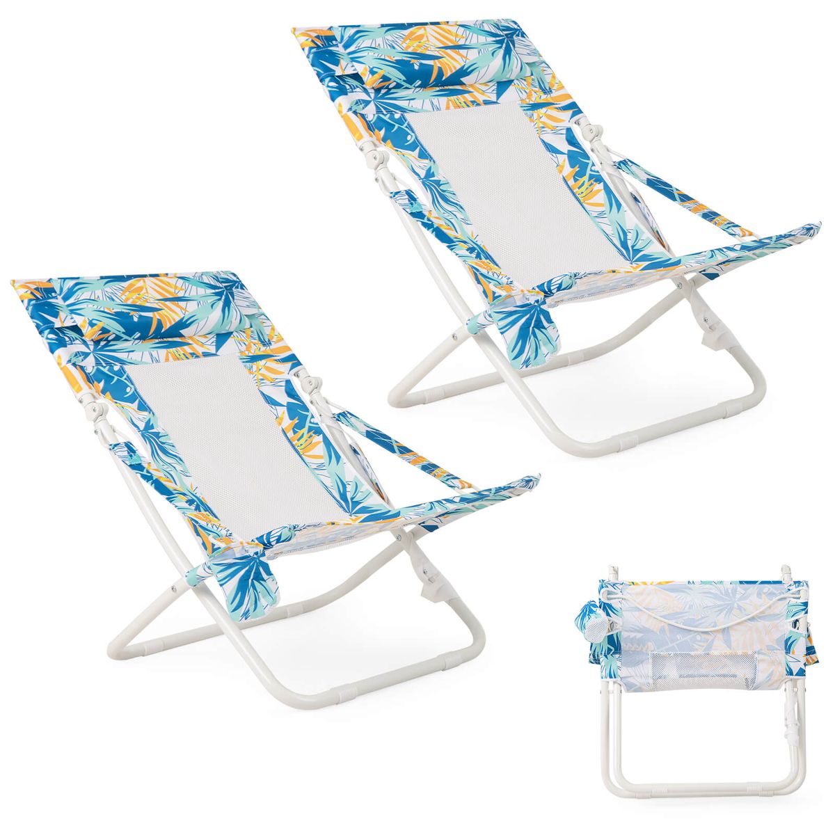 Photos - Garden Furniture Costway Folding Low Beach Chair with Removable Head Pillow  - Blue HCST11004 (Set of 2)