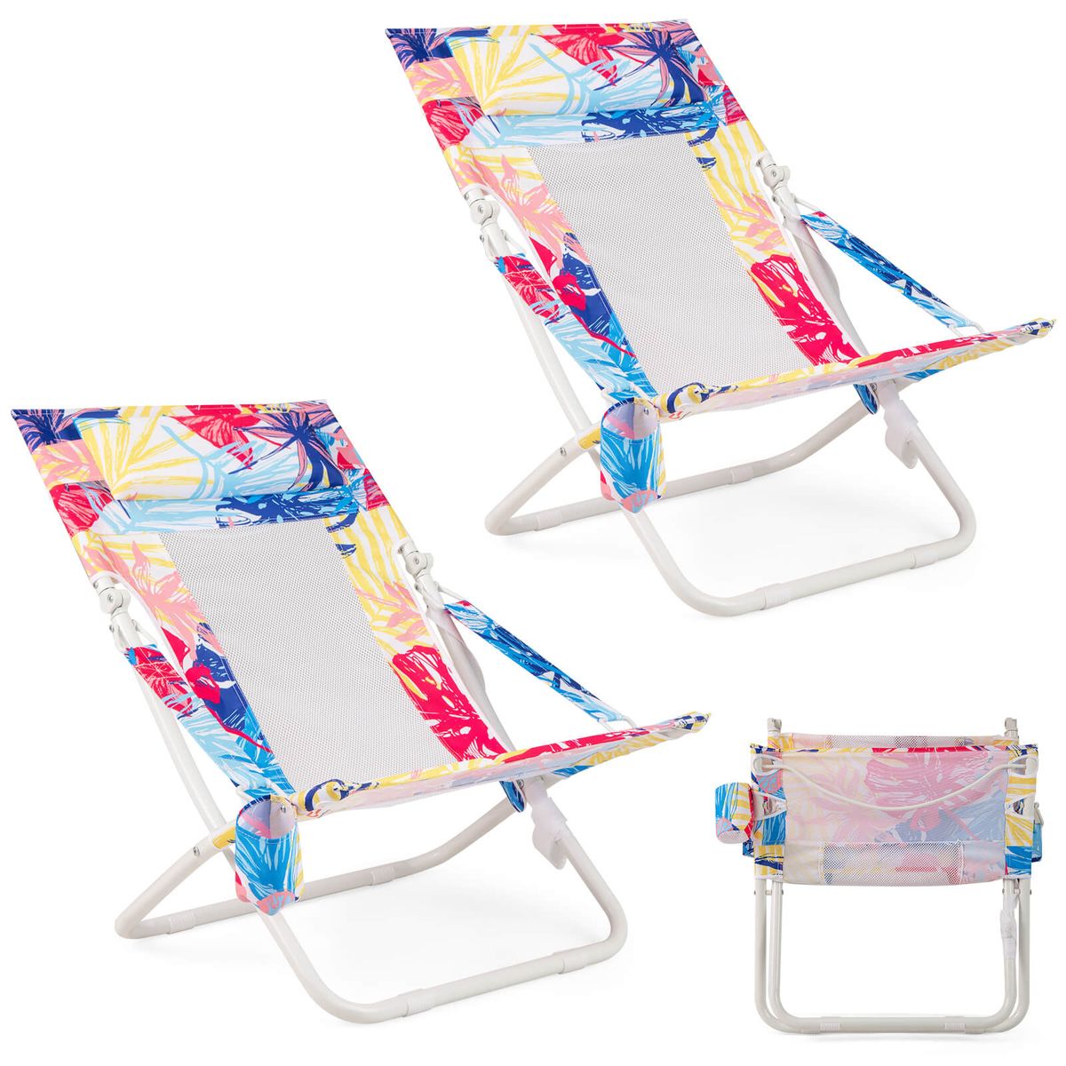Folding Low Beach Chair with Removable Head Pillow (Set of 2) - Pink