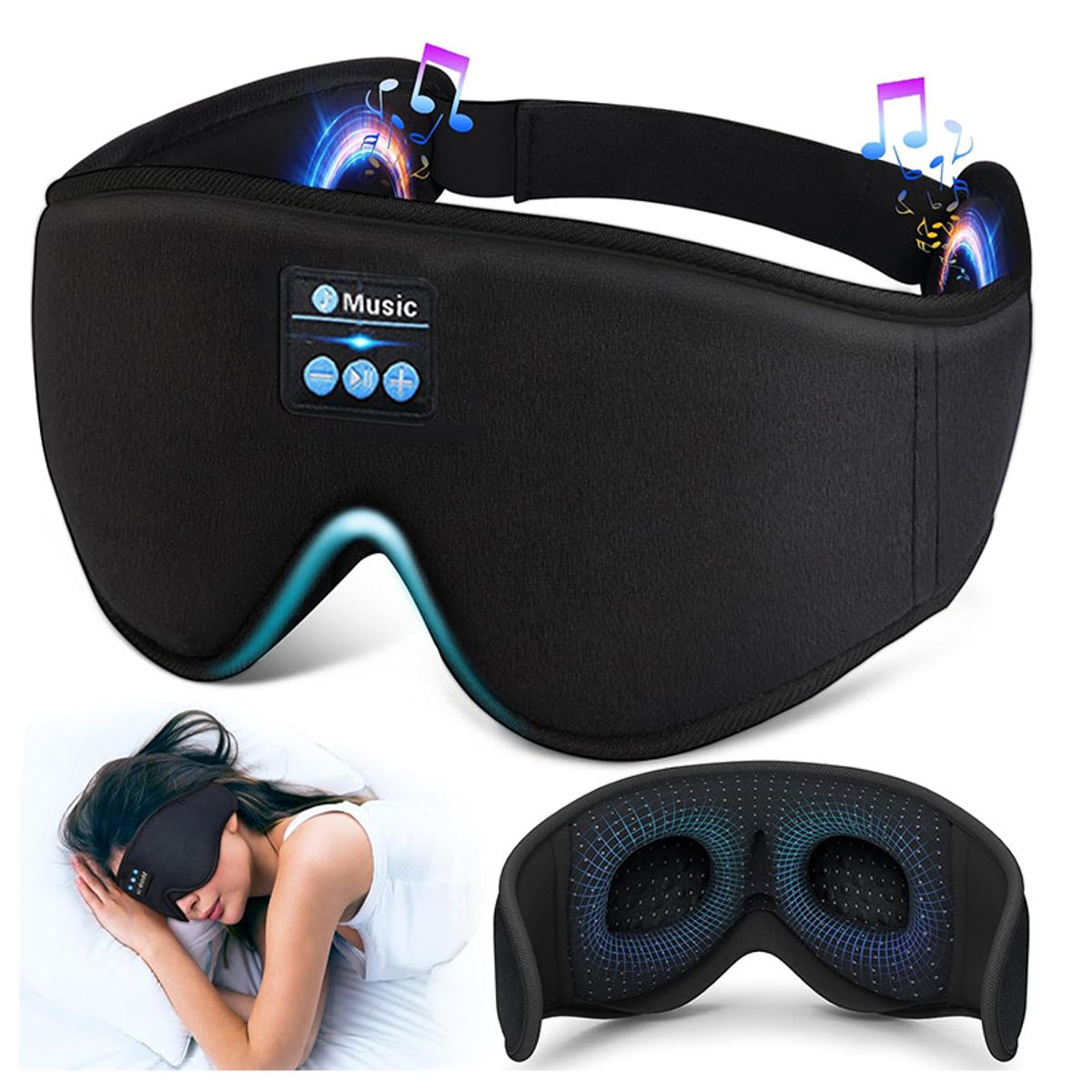 Bluetooth Sleep Eye Mask with Built-in Headphones - Black