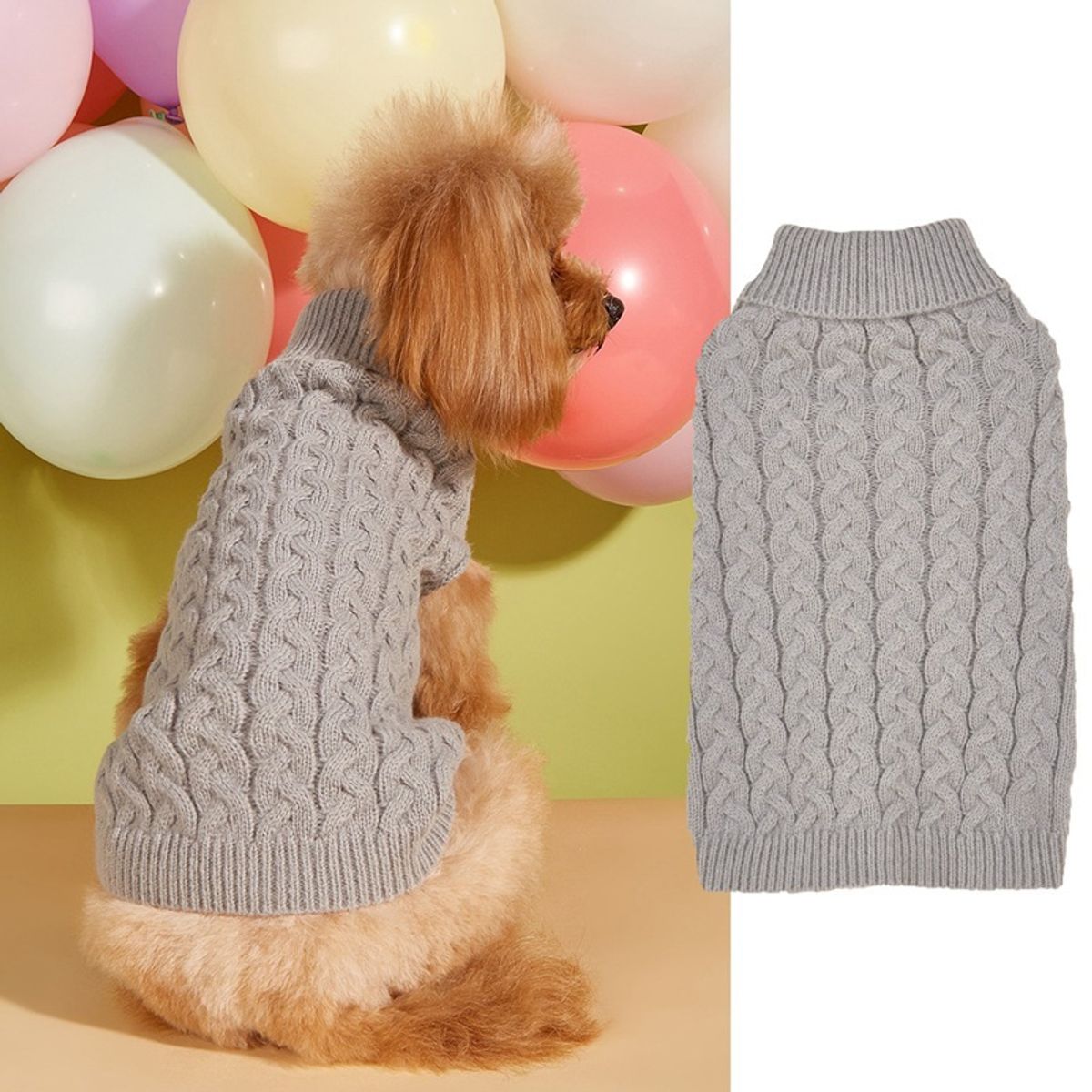 Classic Cable Knit Dog Sweater - Gray-L