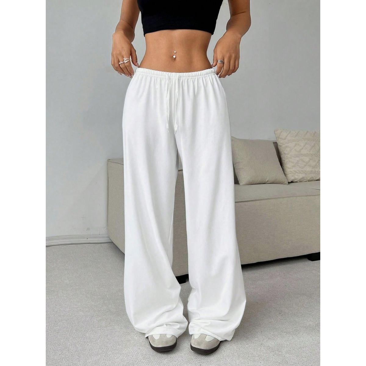 Women's Soft Knit Drawstring Wide Leg Pants - White-L