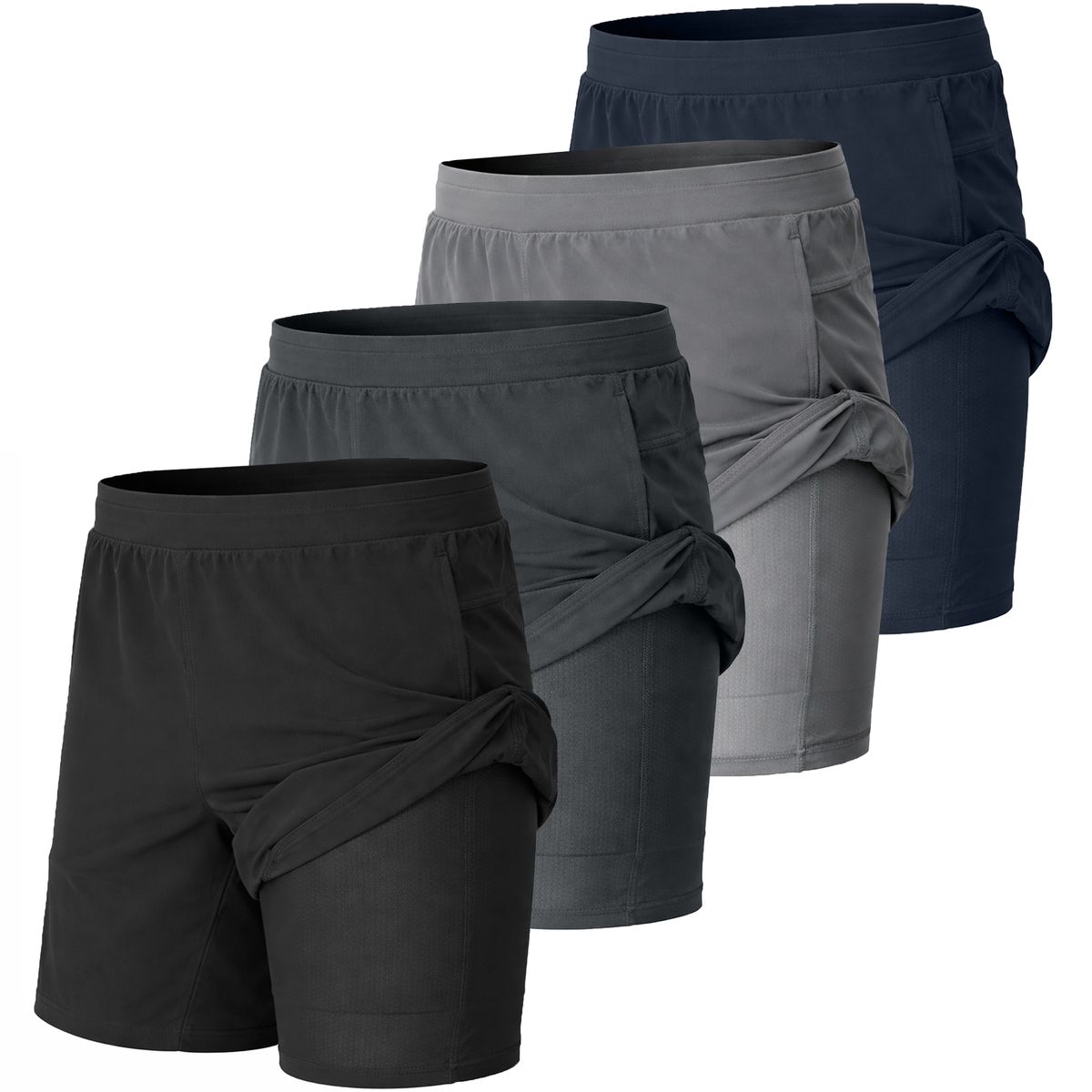 Men's Athletic Shorts (4-Pack) - MMES-200-BK-CH-GY-NV - XL-image-SKU20088291