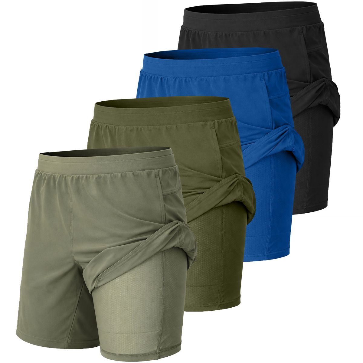 Men's Athletic Shorts (4-Pack) - MMES-200-SG-OL-RY-BK - XL