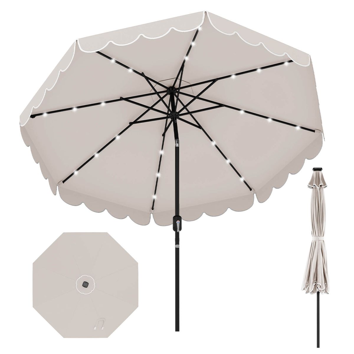Photos - Parasol Costway Patio Umbrella  - 10ft Umbrella Beige w/ Lights HCST07795 (With or Without Solar Lights)