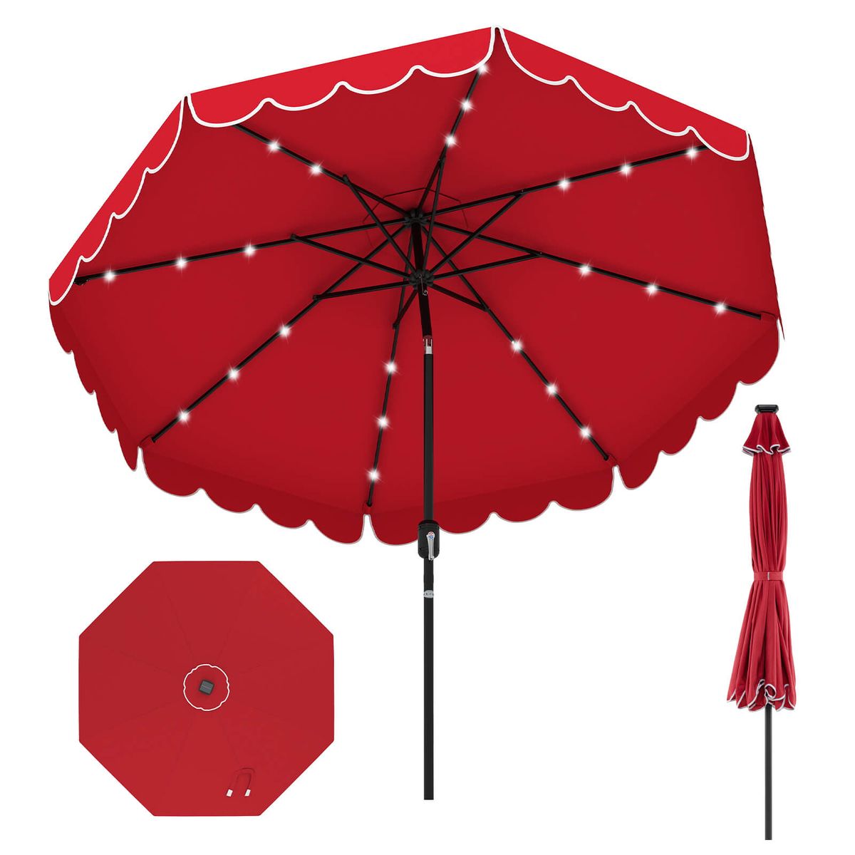 Patio Umbrella (With or Without Solar Lights) - 10ft Umbrella Red w/ Lights