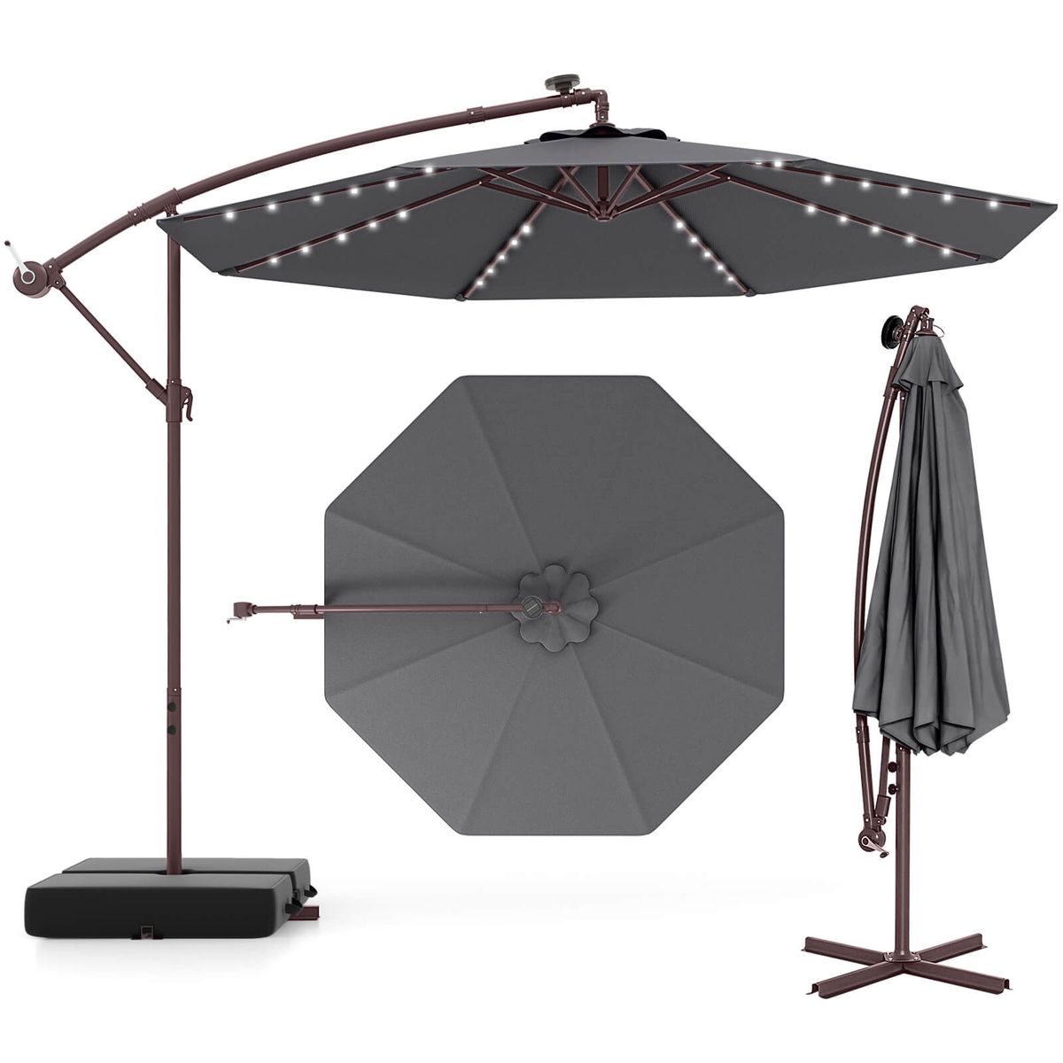 Patio 10FT Hanging Offset Umbrella 32 Led Lights Sand Bag Outdoor Cross Base - Grey