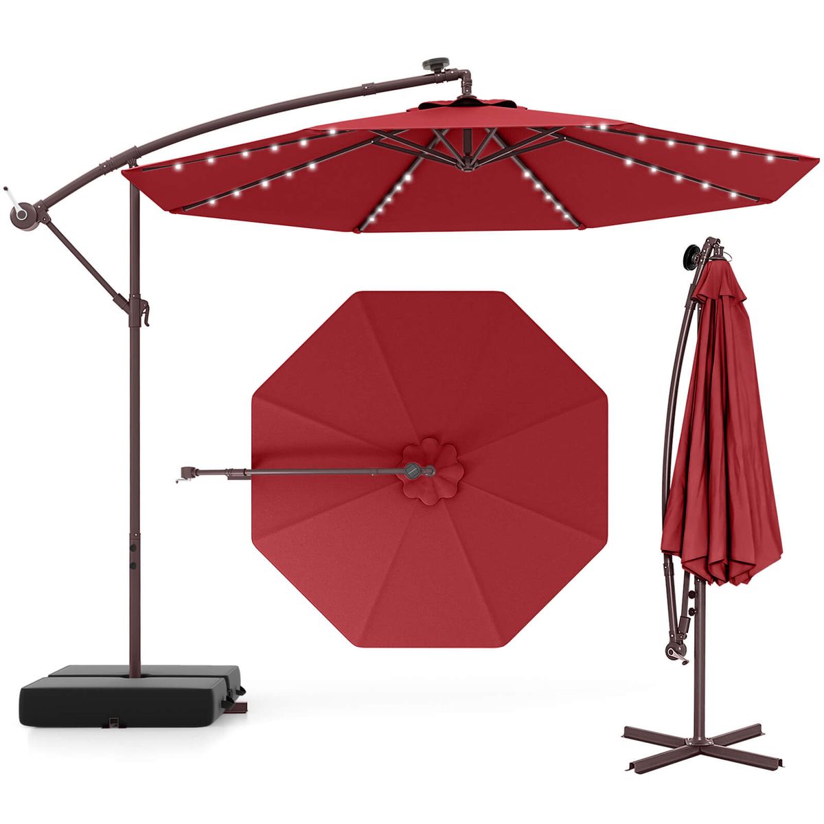 Patio 10FT Hanging Offset Umbrella 32 Led Lights Sand Bag Outdoor Cross Base - Red