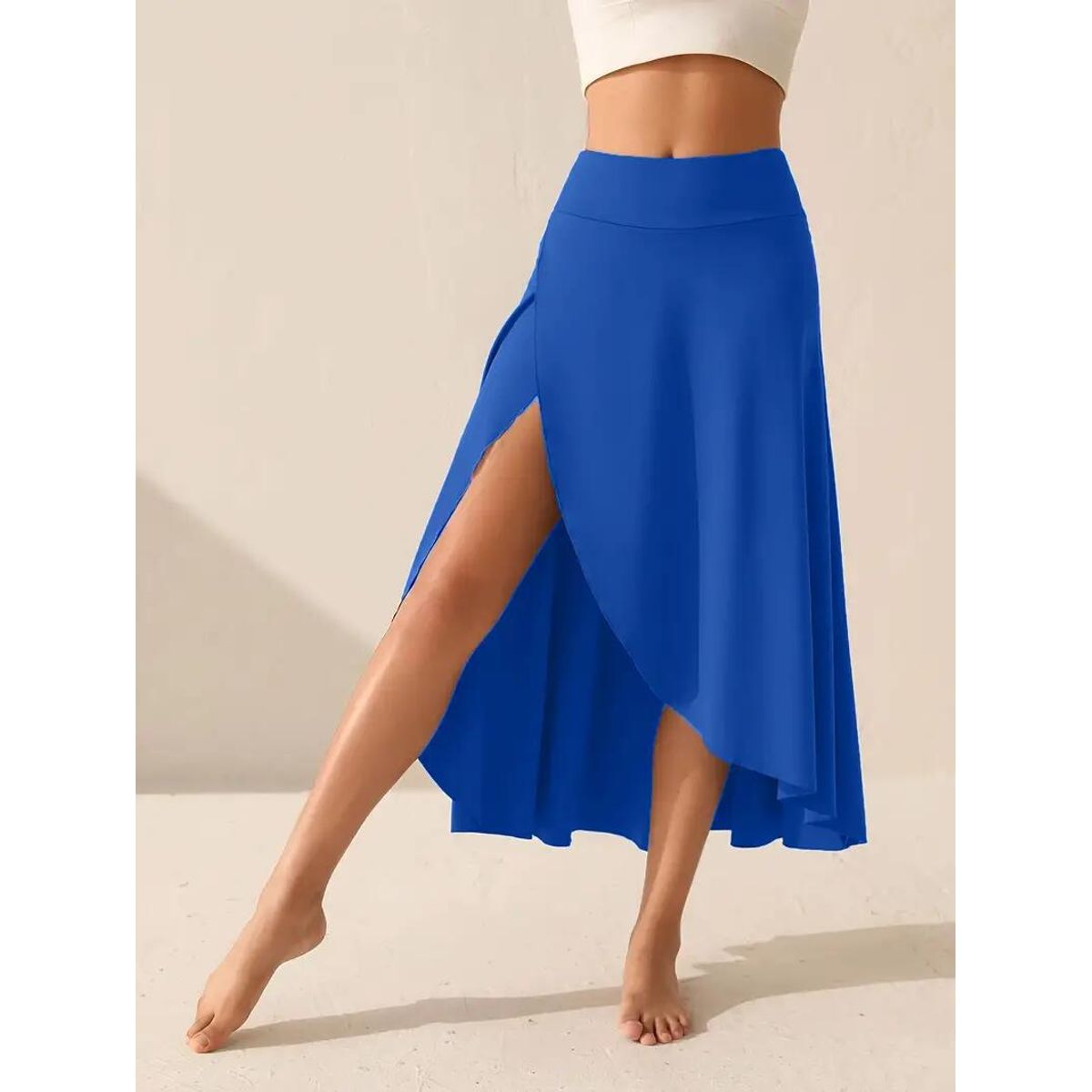 Women's High Waisted Split Midi Skirt with Built-in Shorts - Blue-M